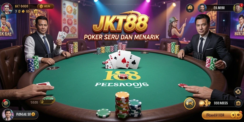 Screenshot gameplay JKT88 menunjukkan keseruan permainan Poker yang mendebarkan.