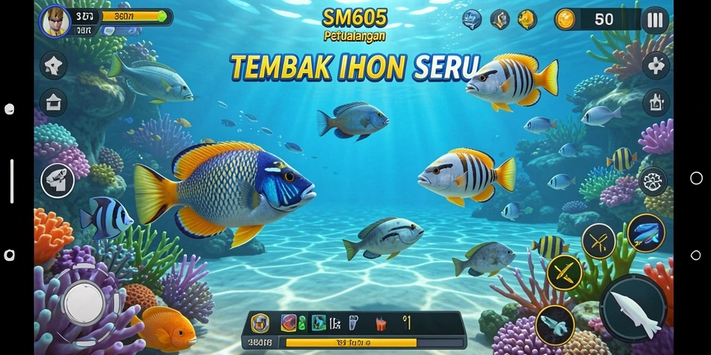 Tampilan gameplay SM605 dengan aksi menembak ikan seru.