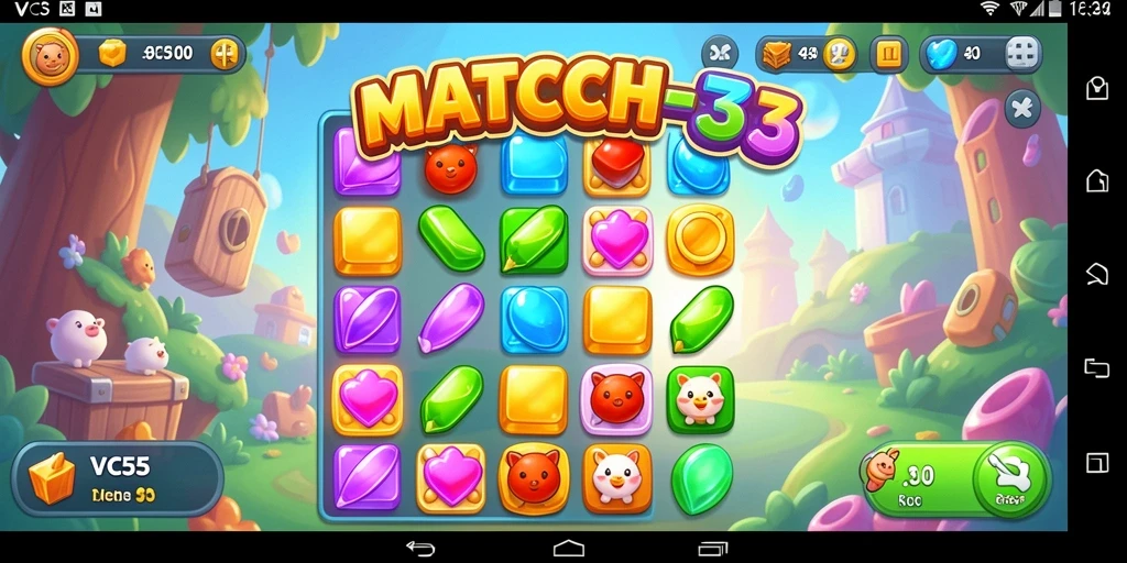 Screenshot gameplay Match-3 VC55 dengan kombinasi permata yang cerah.