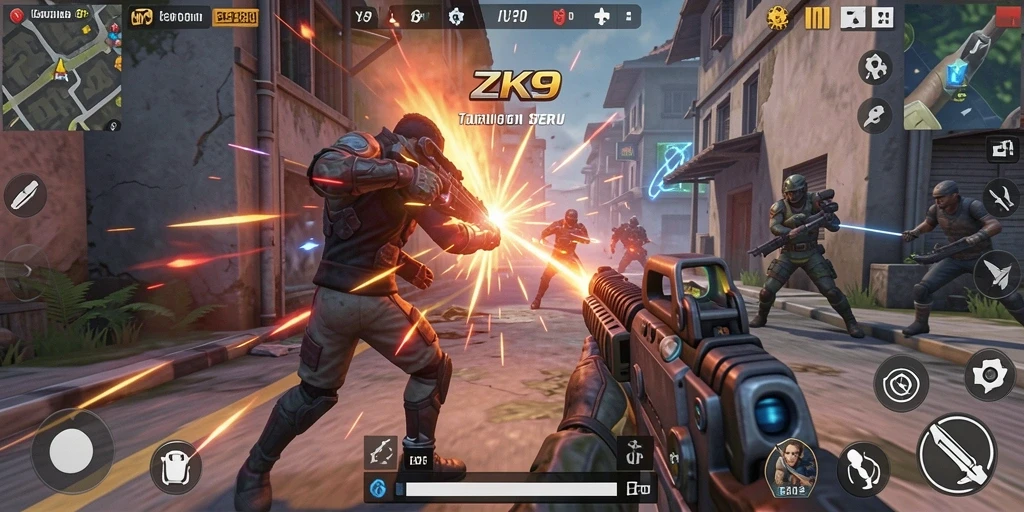 Screenshot gameplay intens dari ZK9 dalam pertempuran TPS.